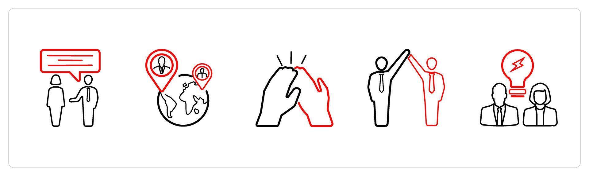 A set of 5 business icons such as communication, international team in red line color vector