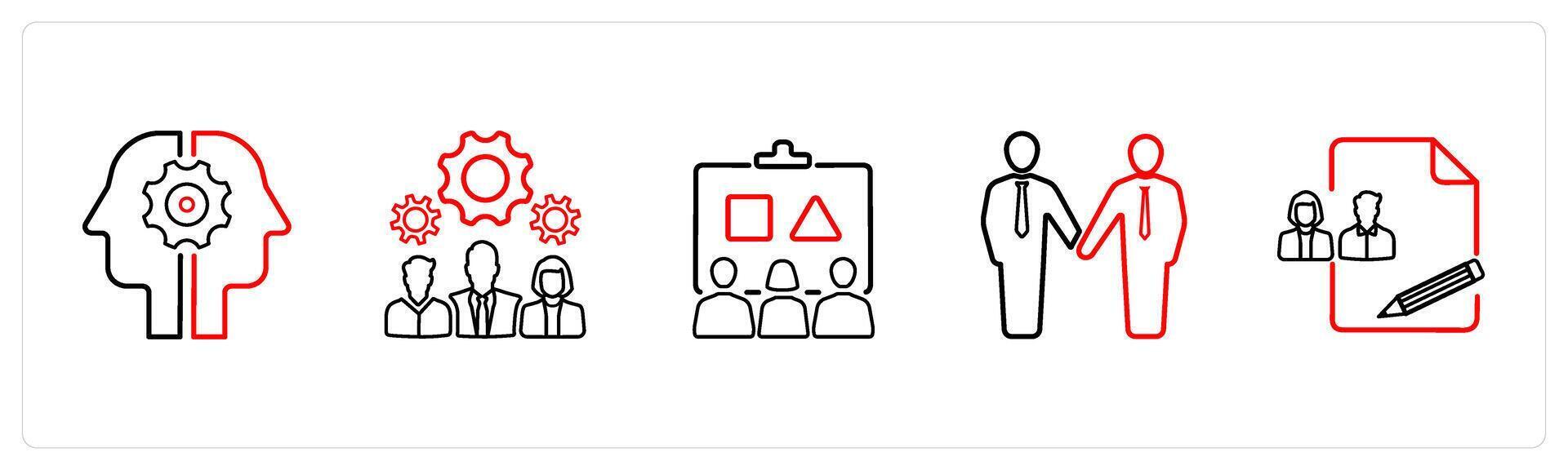 A set of 5 business icons such as collaboration, teamwork in red line color vector