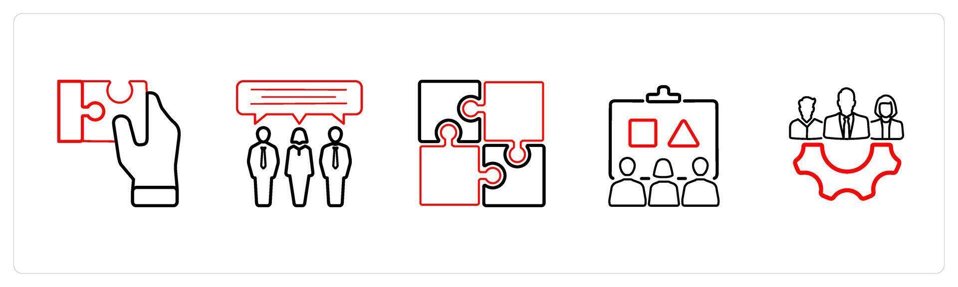 A set of 5 business icons such as puzzle, communication in red line color vector
