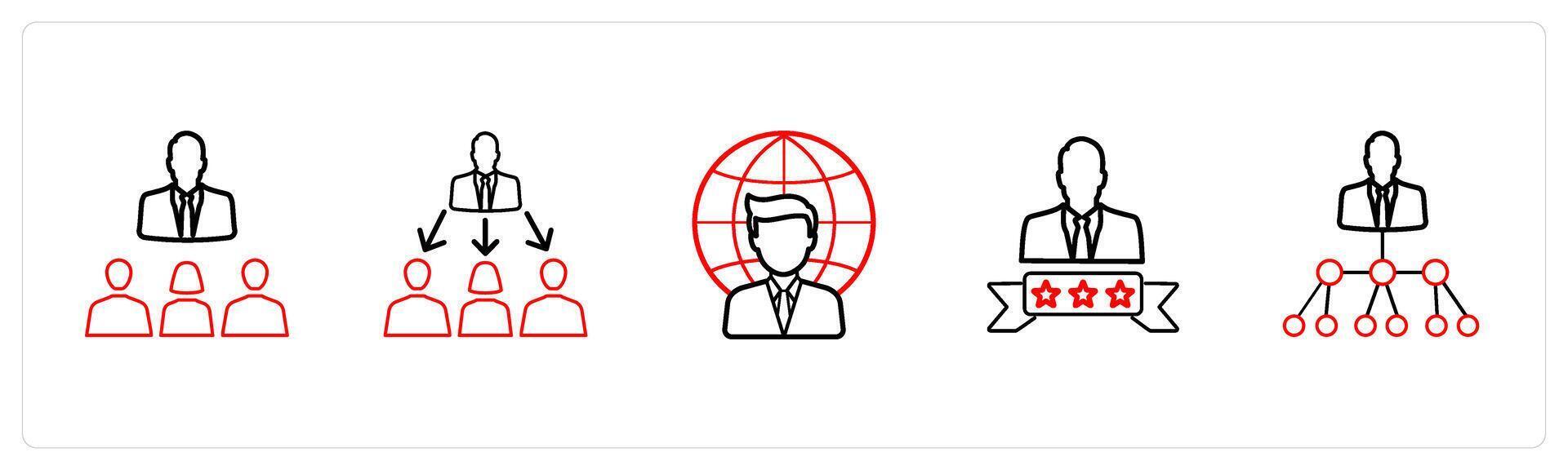 A set of 5 business icons such as group meeting, trainer in red line color vector