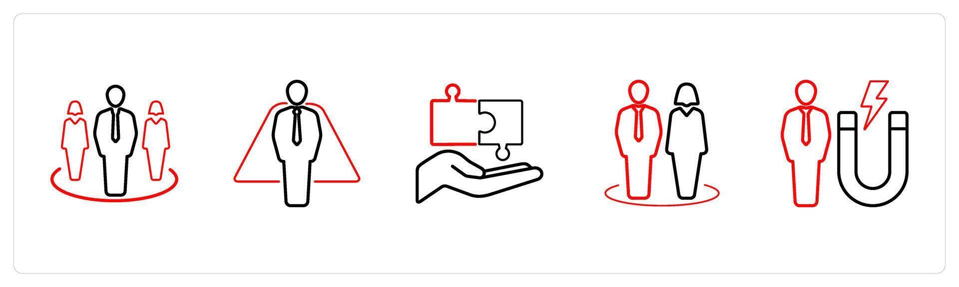 A set of 5 business icons such as team, leader, management in red line color vector