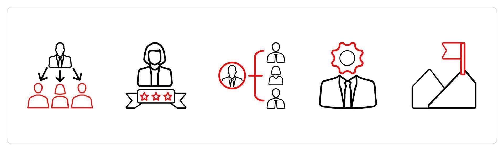 A set of 5 business icons such as trainer, winner, mission in red line color vector