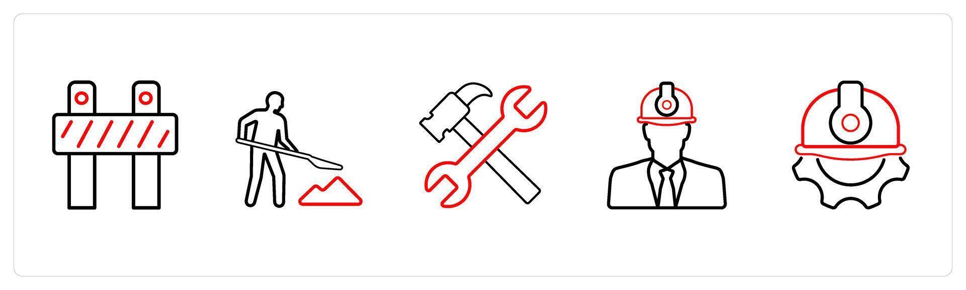 A set of 5 under maintenance icons such as under maintenance, work in progress in red line color vector
