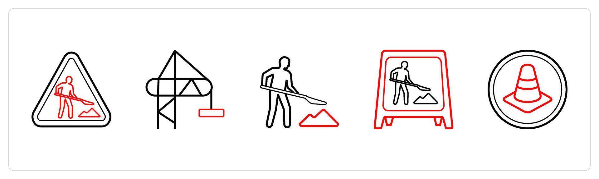 A set of 5 under maintenance icons such as under maintenance, crane in red line color vector