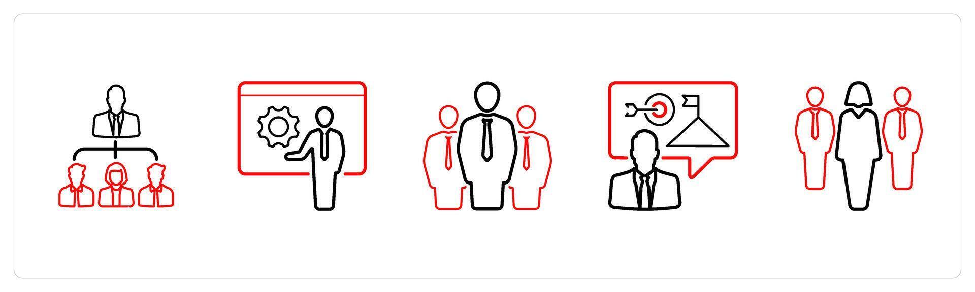 A set of 5 business icons such as leadership, mentor, businessman in red line color vector