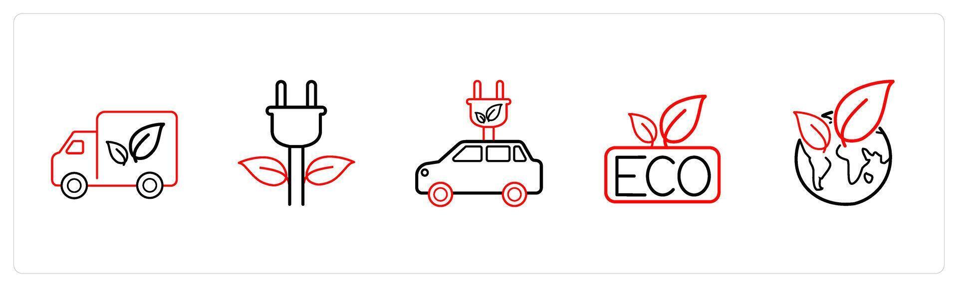 A set of 5 weather icons such as eco van, eco power in red line color vector