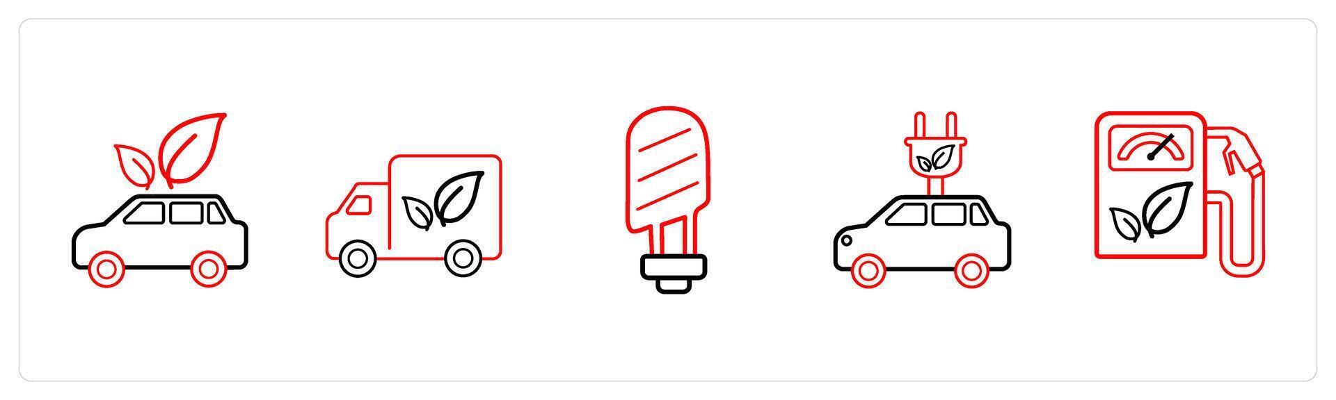 A set of 5 weather icons such as eco car, eco van, energy light in red line color vector