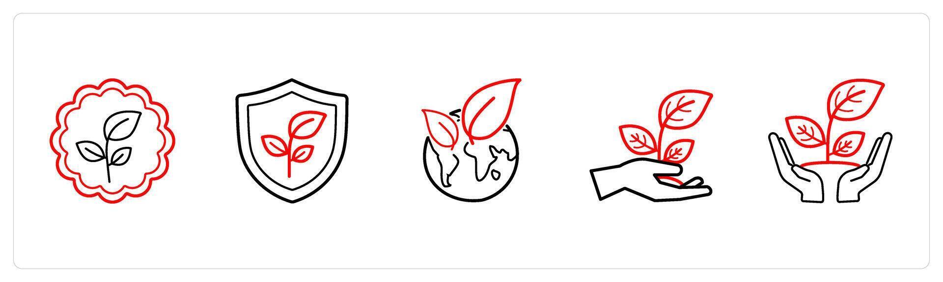 A set of 5 weather icons such as environment, protect environment in red line color vector