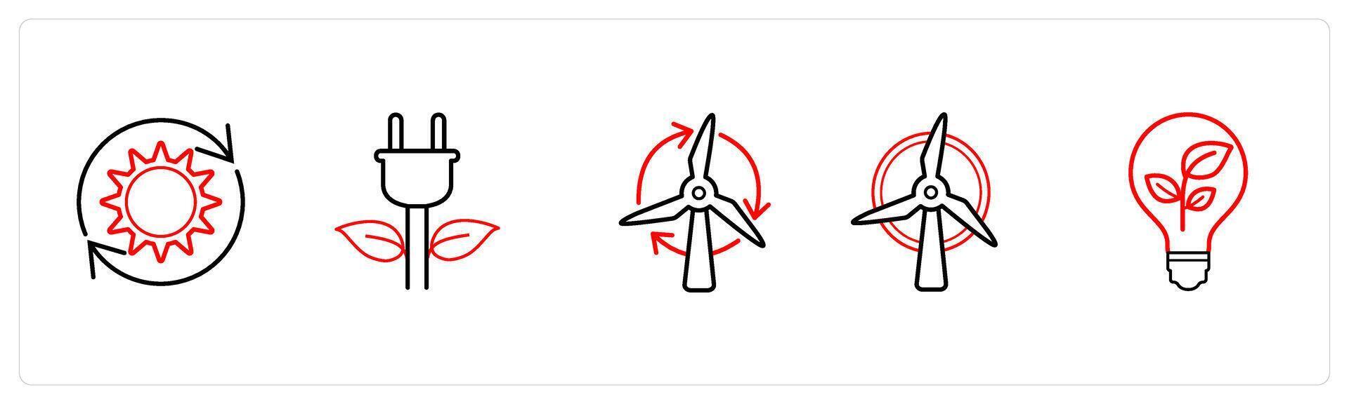 A set of 5 weather icons such as renewable solar, eco power in red line color vector