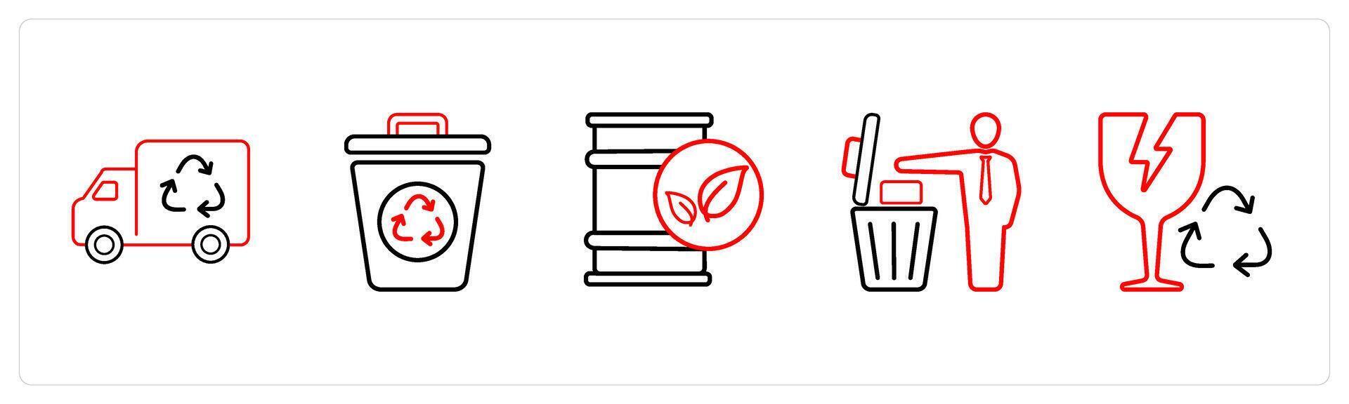 A set of 5 weather icons such as garbage van, bin in red line color vector