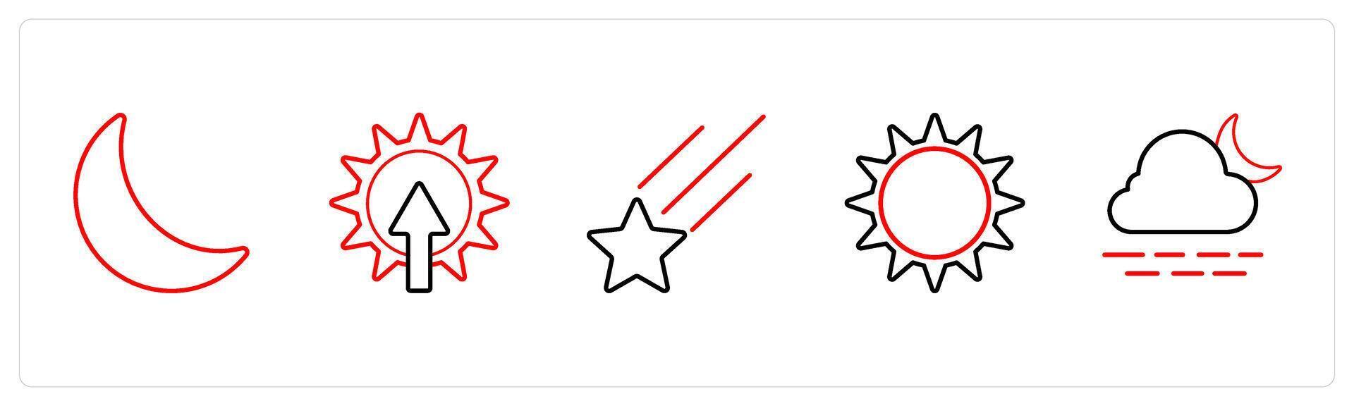 A set of 5 weather icons such as half moon, sunrise in red line color vector