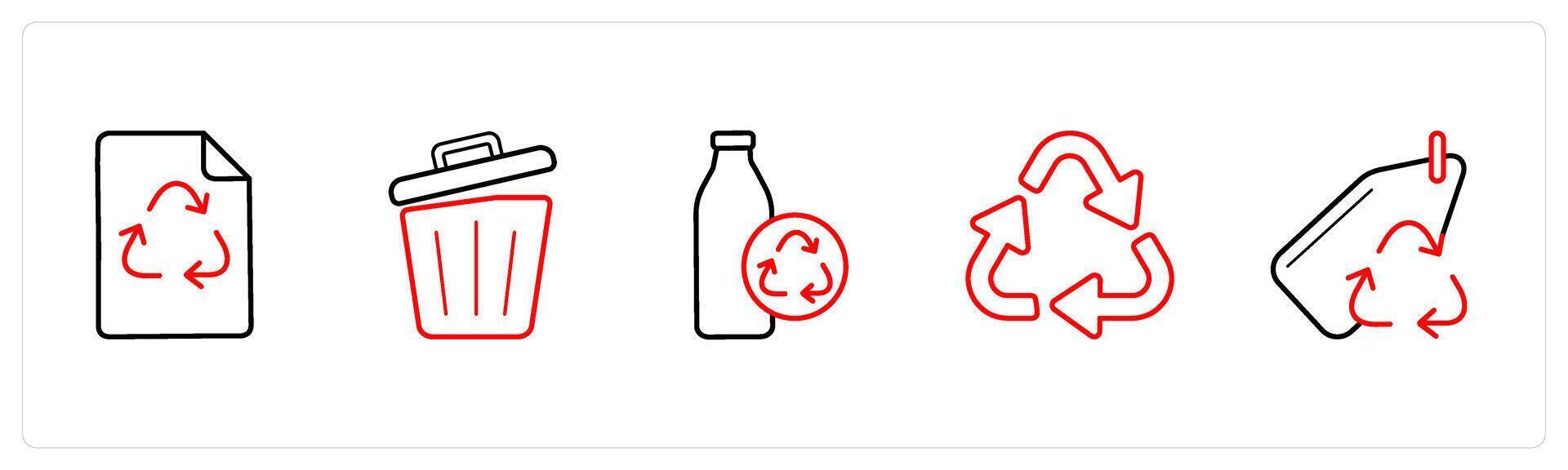 A set of 5 weather icons such as recycle paper, recycle bin in red line color vector