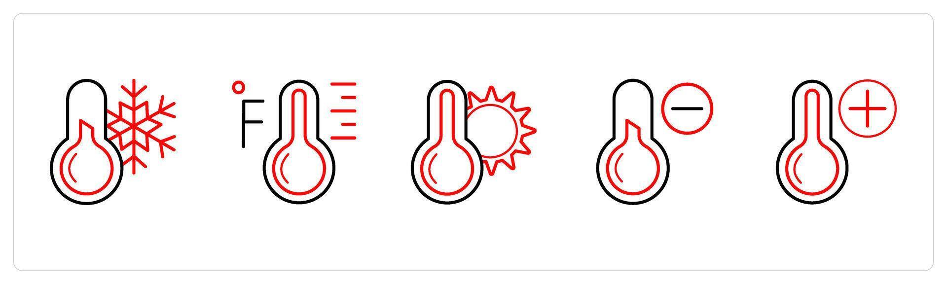 A set of 5 weather icons such as thermometer, fahrenheit in red line color vector