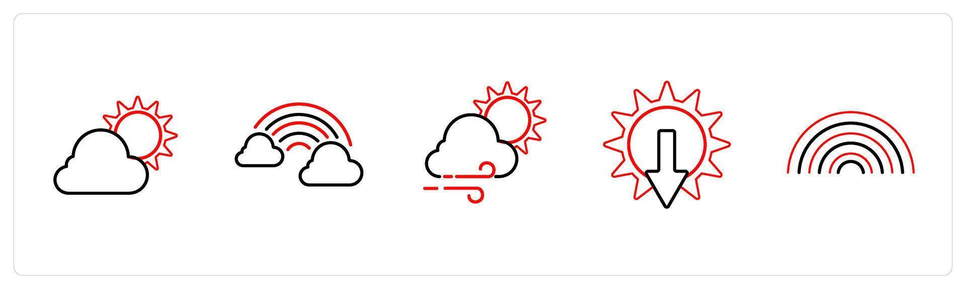 A set of 5 weather icons such as cloudy day, cloud rainbow in red line color vector