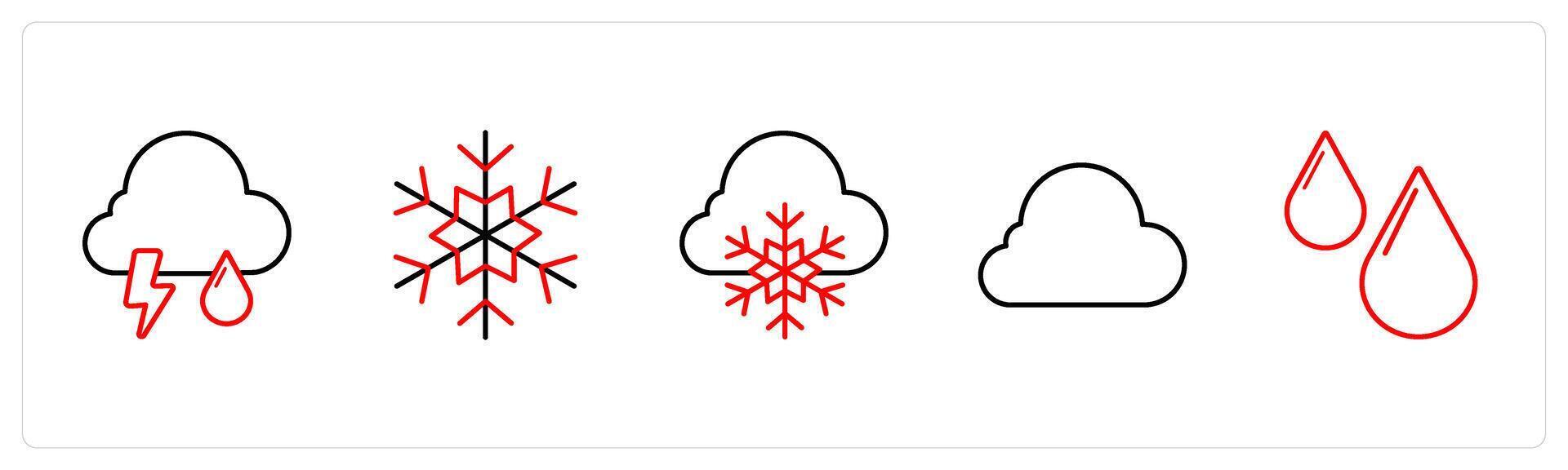 A set of 5 weather icons such as rain, winter, snow, cloud in red line color vector