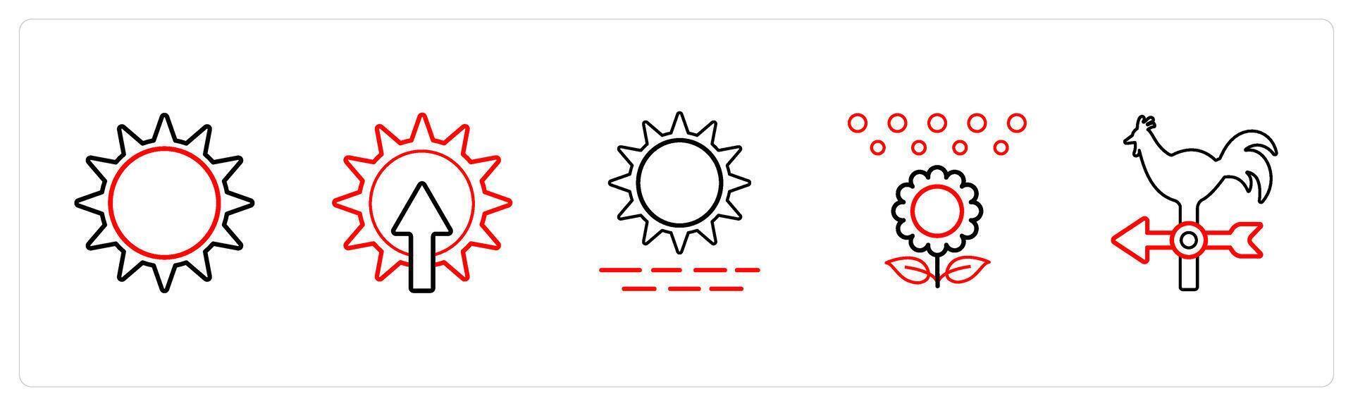 A set of 5 weather icons such as sunny day, sunrise in red line color vector