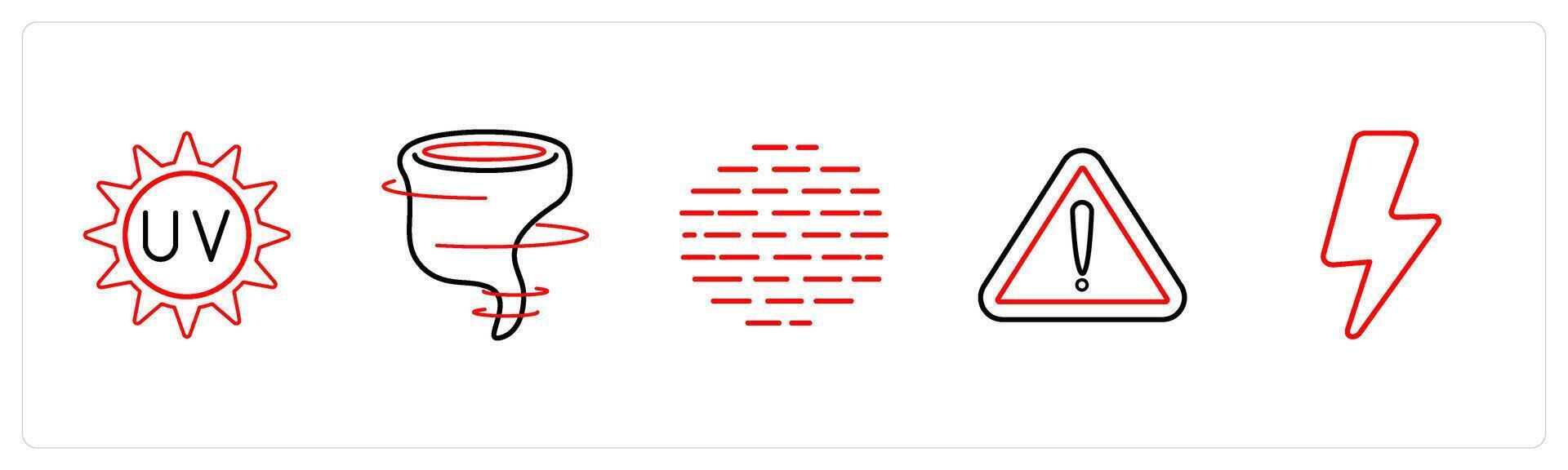 A set of 5 weather icons such as uv rays, hurricane, foggy in red line color vector