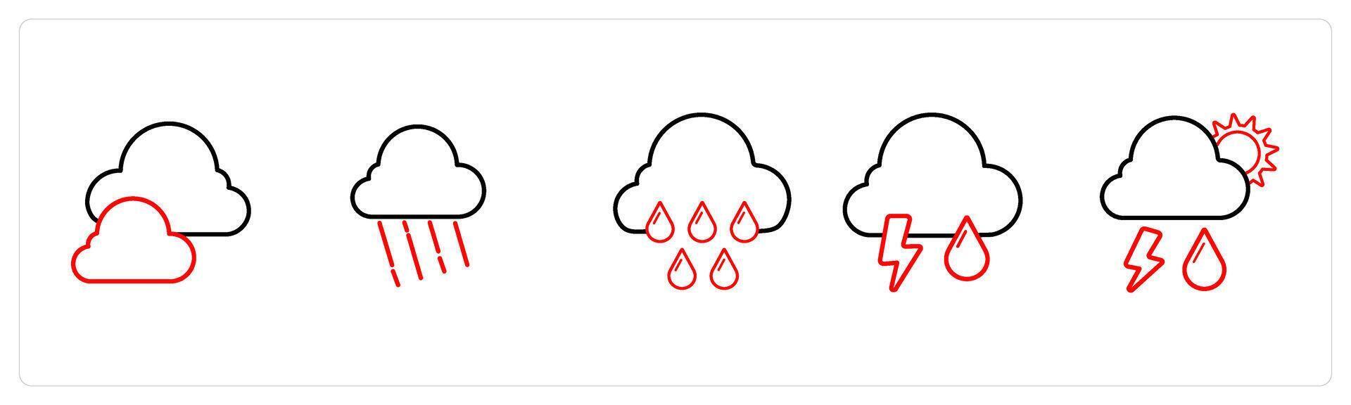 A set of 5 weather icons such as cloud, rainy cloud in red line color vector