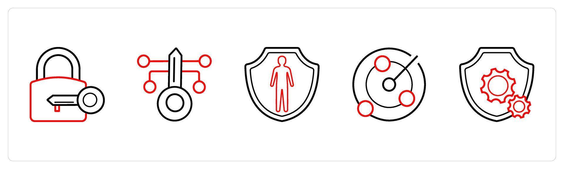 A set of 5 security icons such as lock key, key security, security in red line color vector