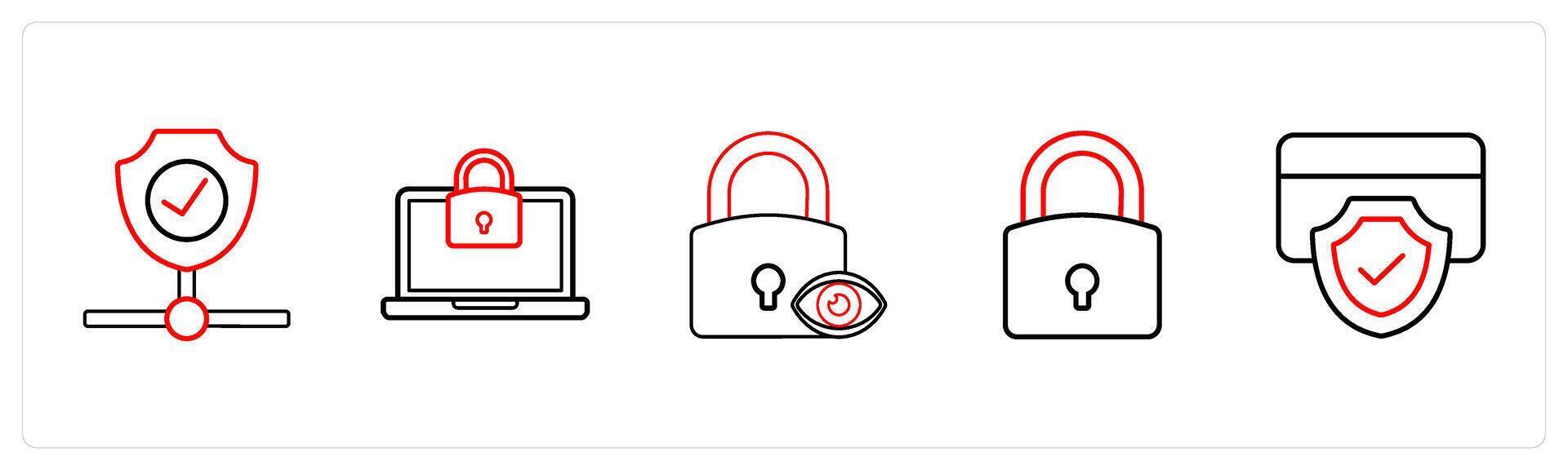 A set of 5 security icons such as firewall security, laptop security in red line color vector