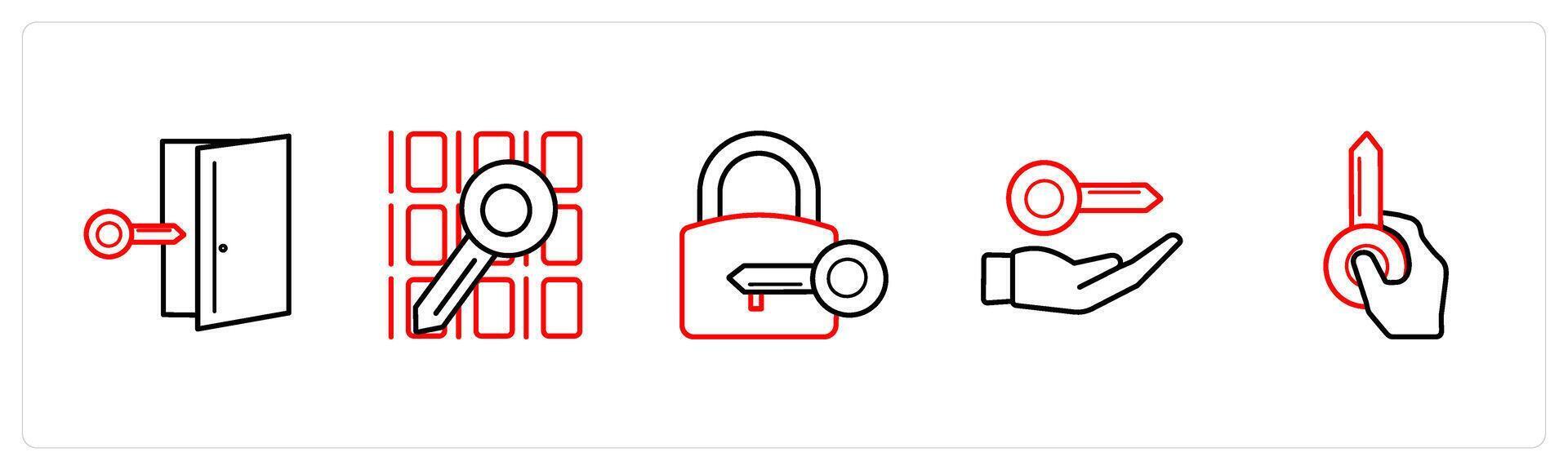 A set of 5 security icons such as door key, data, lock key in red line color vector