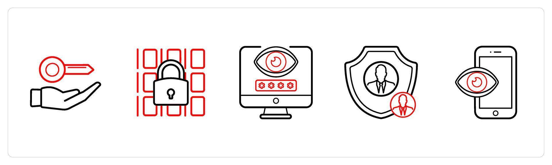 A set of 5 security icons such as access key, data security in red line color vector