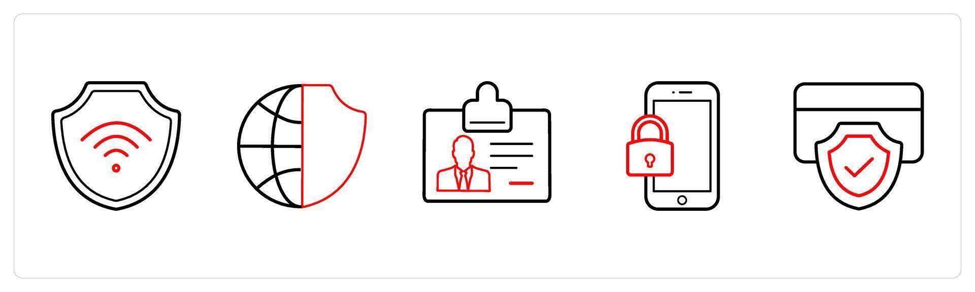 A set of 5 security icons such as secured wifi, global security in red line color vector