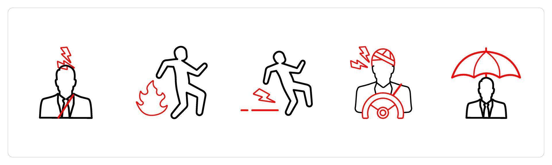 A set of 5 insurance icons such as driver insurance, fire insurance in red line color vector