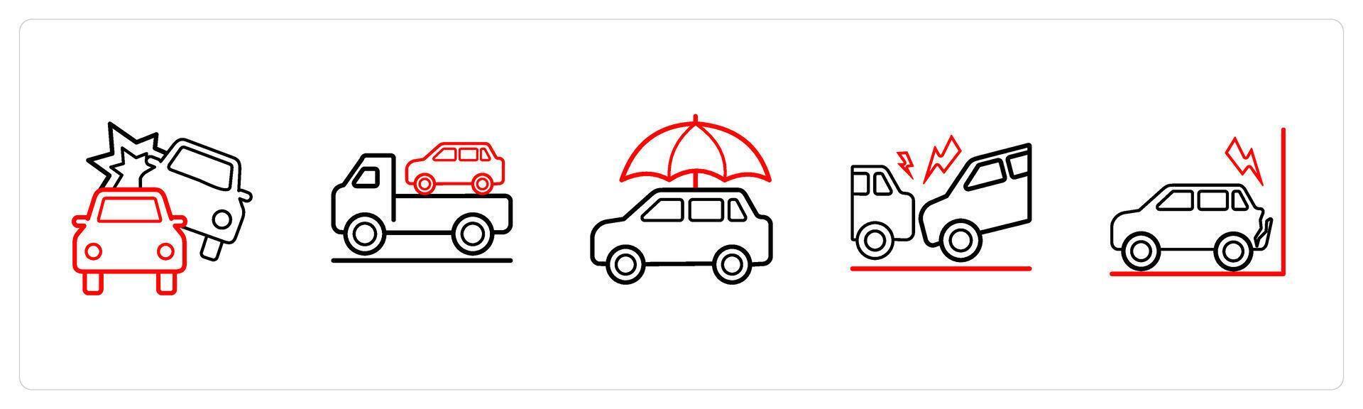 A set of 5 insurance icons such as car accidental, towing expenses in red line color vector