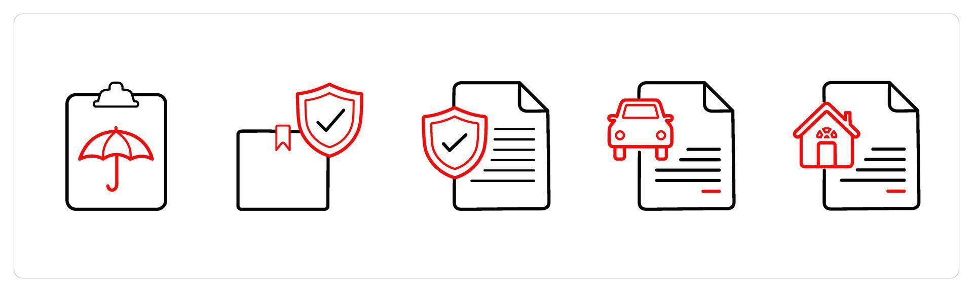 A set of 5 insurance icons such as insurance policy document, package insurance in red line color vector