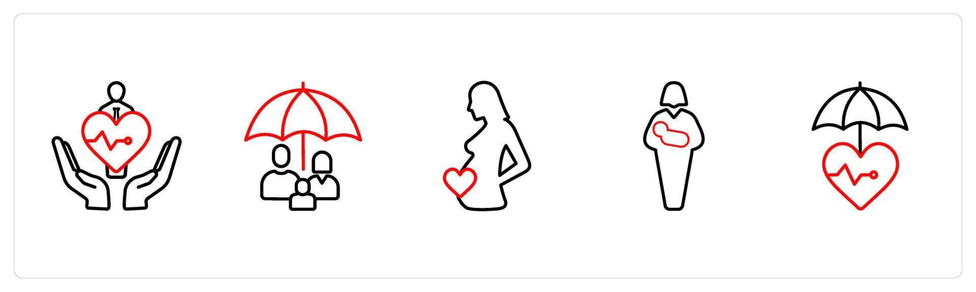 A set of 5 insurance icons such as life insurance, family insurance in red line color vector