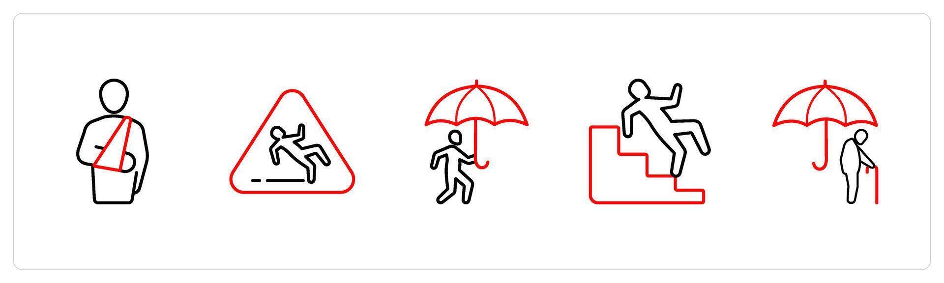 A set of 5 insurance icons such as insurance cover, accidental liability in red line color vector