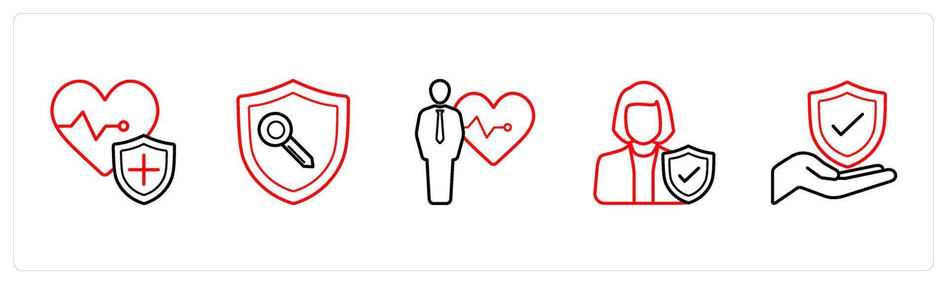 A set of 5 insurance icons such as health insurance, protection key in red line color vector