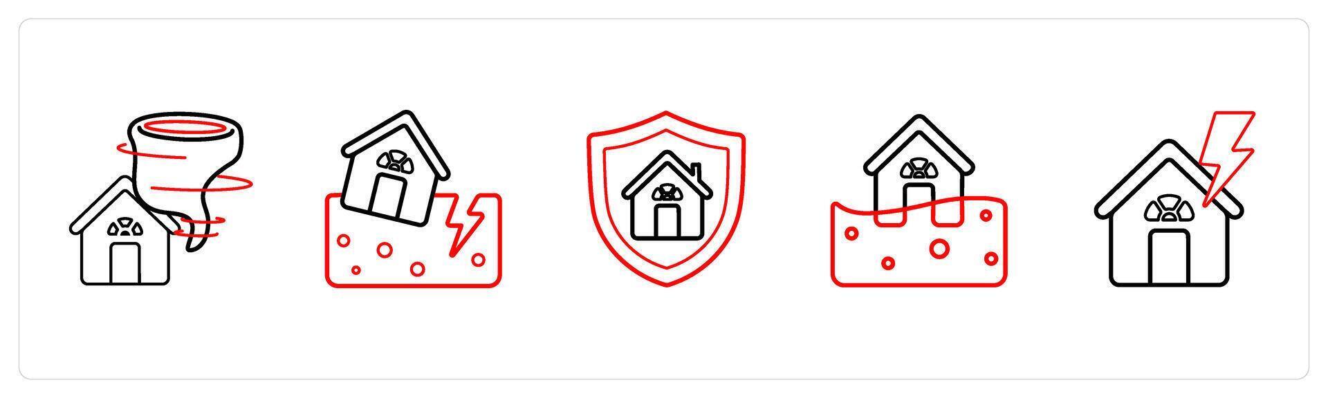 A set of 5 insurance icons such as tornado insurance, earthuqake damage in red line color vector