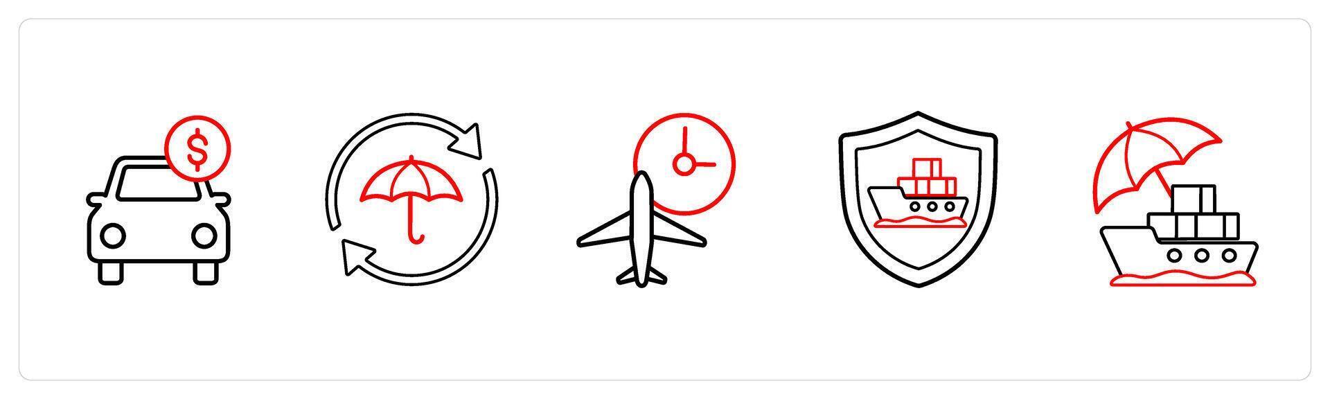A set of 5 insurance icons such as car insurance value, reinsurance in red line color vector