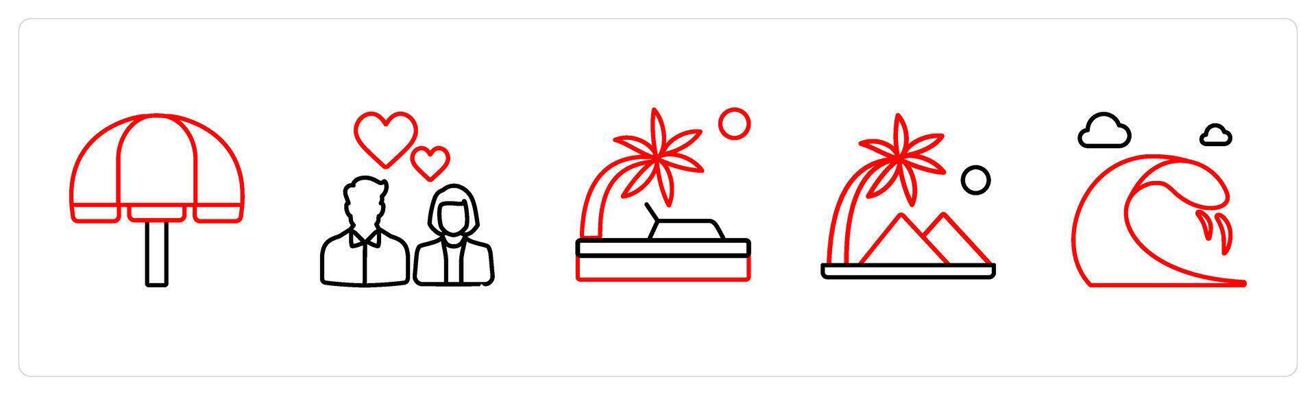 A set of 5 travel and vacation icons such as beach, romance, beach in red line color vector
