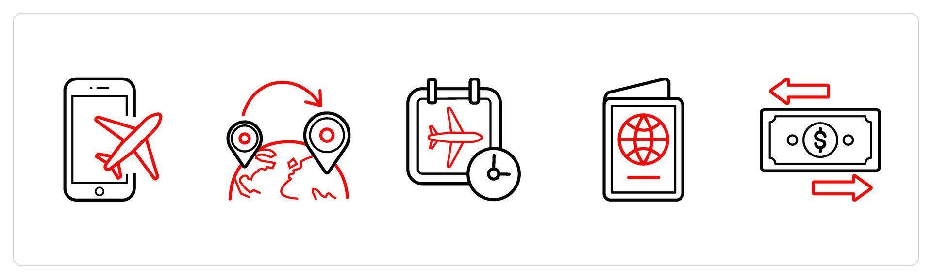 A set of 5 travel and vacation icons such as book flight, gps in red line color vector