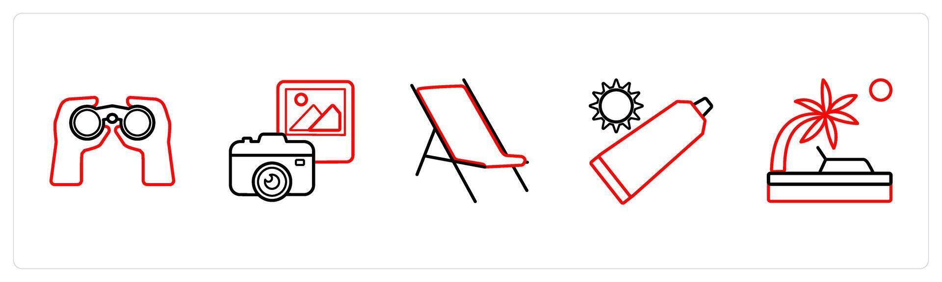 A set of 5 travel and vacation icons such as binocular, photography, rest in red line color vector