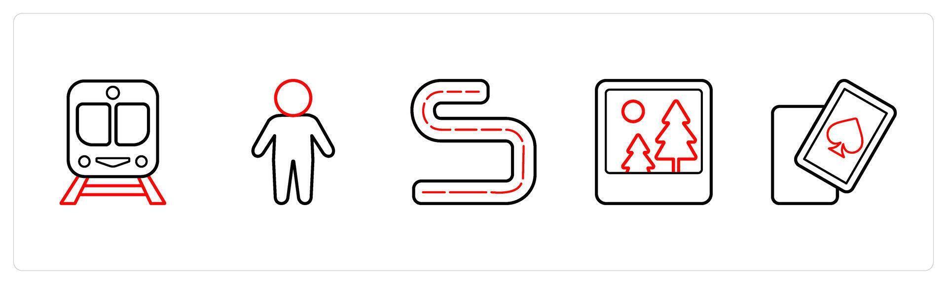 A set of 5 travel and vacation icons such as train, man, route, photo in red line color vector