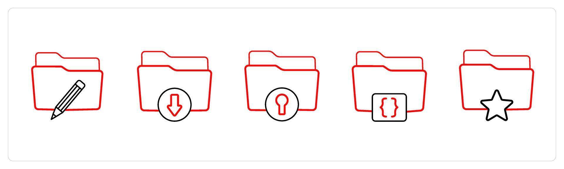 A set of 5 folder icons such as edit folder, download folder in red line color vector