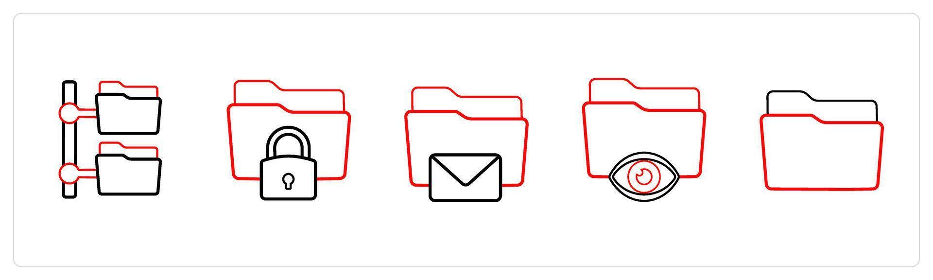 A set of 5 folder icons such as folder tree, secured folder in red line color vector