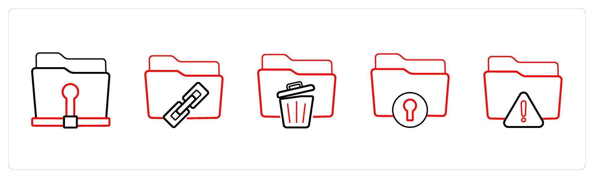 A set of 5 folder icons such as personal folder, link folder in red line color vector
