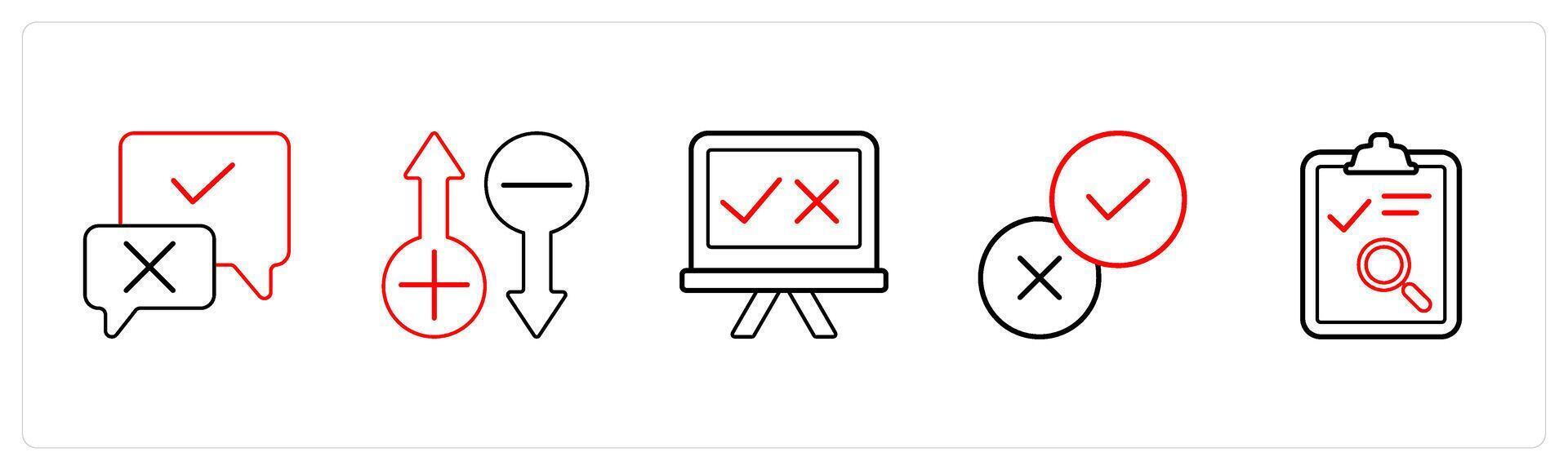 A set of 5 survey and ratings icons such as validation, rating, survey in red line color vector