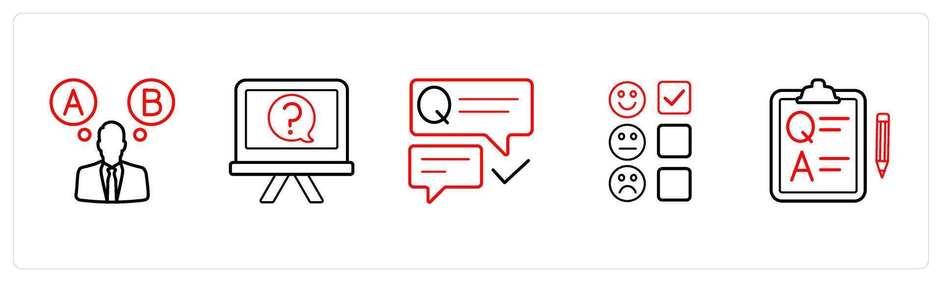 A set of 5 survey and ratings icons such as option, question, questionnaire in red line color vector
