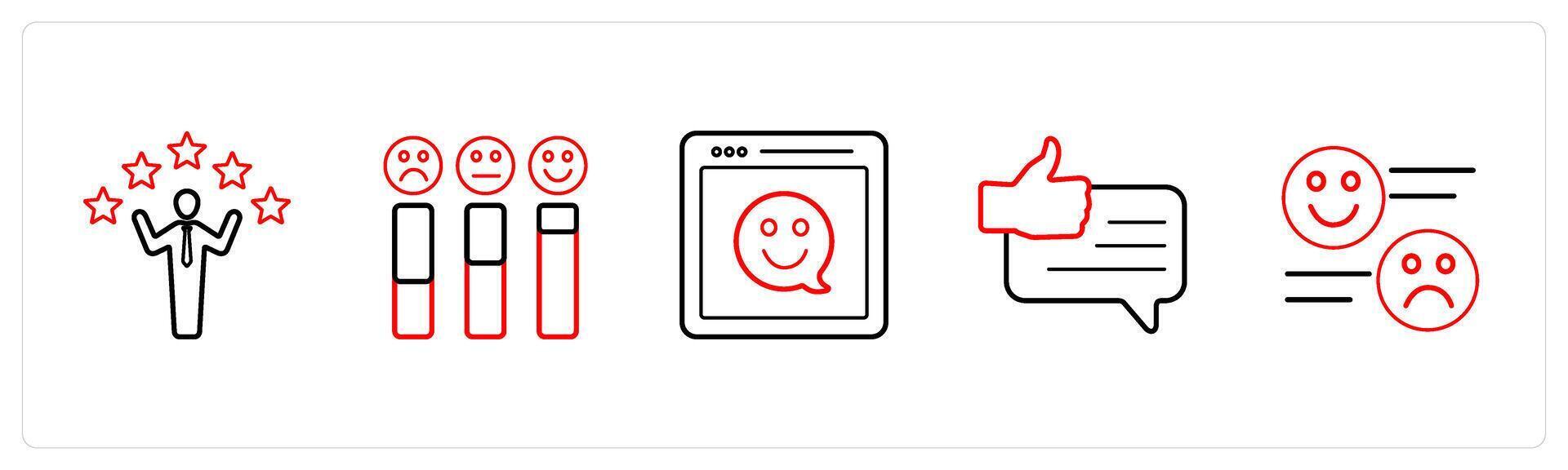 A set of 5 survey and ratings icons such as customer satisfaction, rating in red line color vector