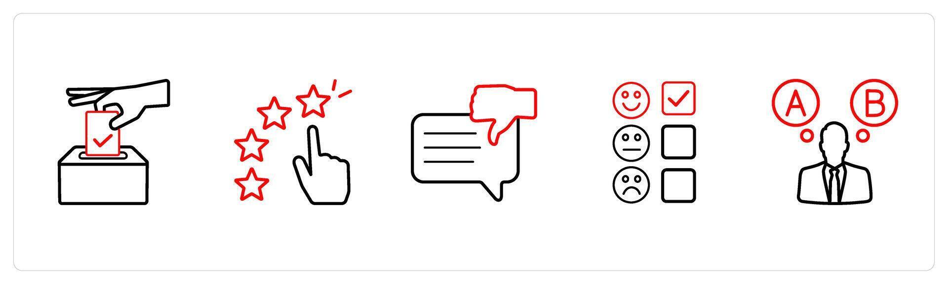 A set of 5 survey and ratings icons such as election, star rating in red line color vector