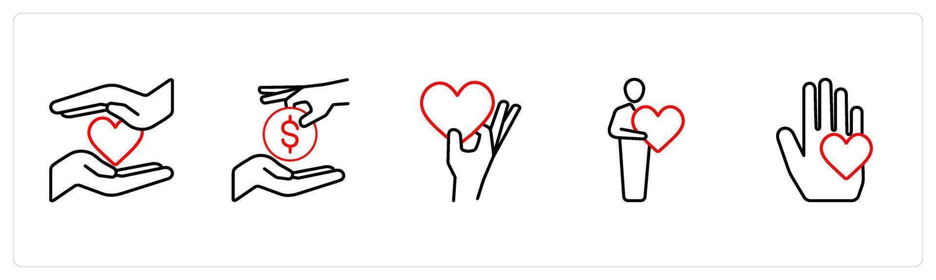 A set of 5 crowdfundind and donation icons such as donation, charity, donate in red line color vector
