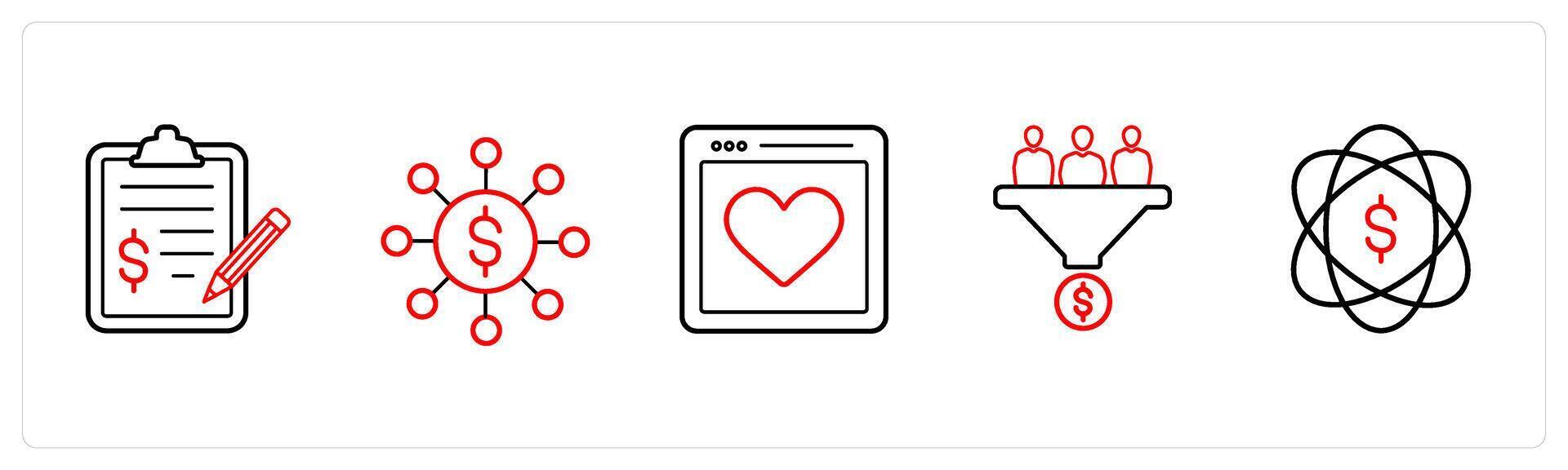 A set of 5 crowdfundind and donation icons such as contract agreement, fundraising network in red line color vector