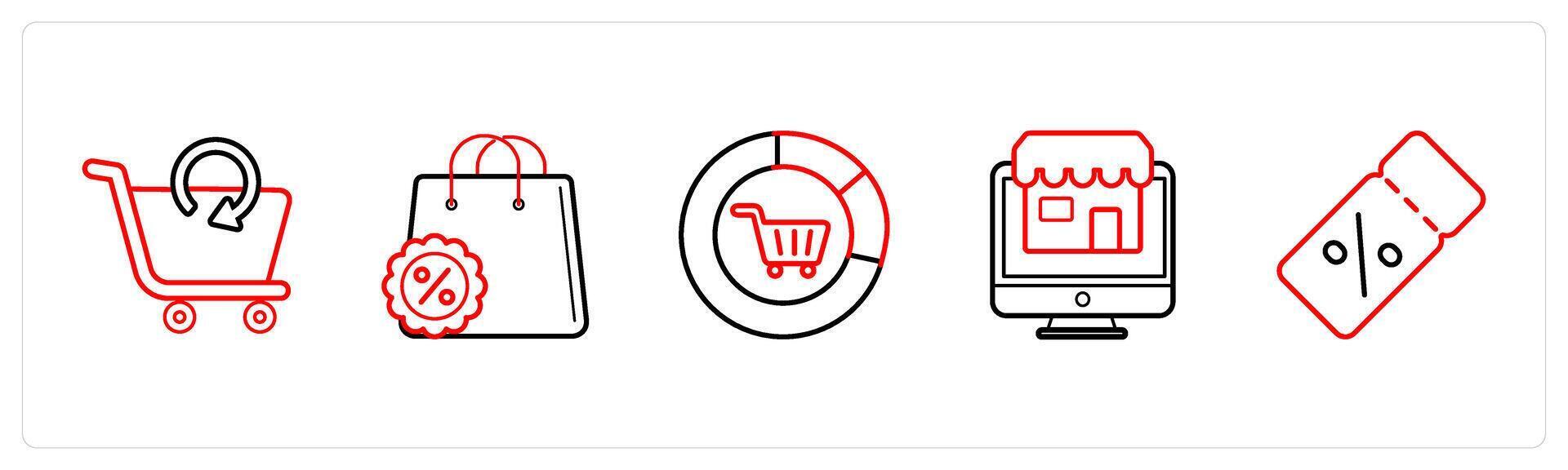 A set of 5 ecommerce and shopping icons such as update cart, sale offer in red line color vector