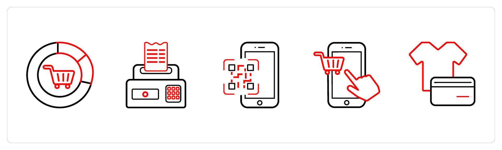 A set of 5 ecommerce and shopping icons such as shopping analysis, billing machine in red line color vector